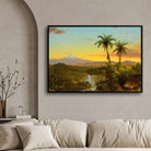 Tropical Dawn – Palm Trees, Volcano & Waterfall Landscape Wall Art 2 : 3 Horizontal Premium Wall Art Canvas by MeriDeewar