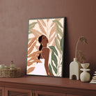 Tropical Grace – Modern Woman with Leaves Wall Art Print 2 : 3 Vertical Premium Wall Art Canvas by MeriDeewar
