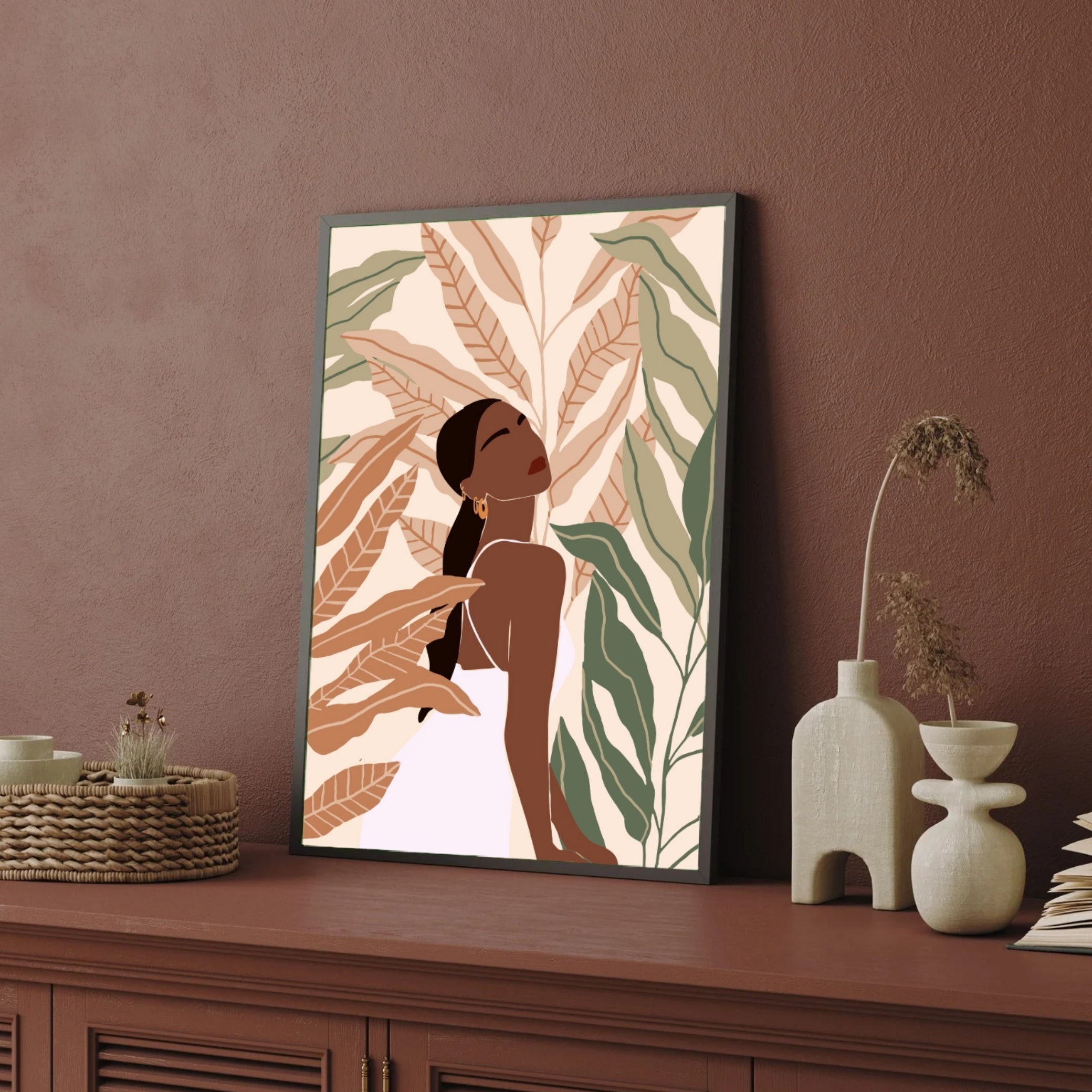 Tropical Grace – Modern Woman with Leaves Wall Art Print 2 : 3 Vertical Premium Wall Art Canvas by MeriDeewar