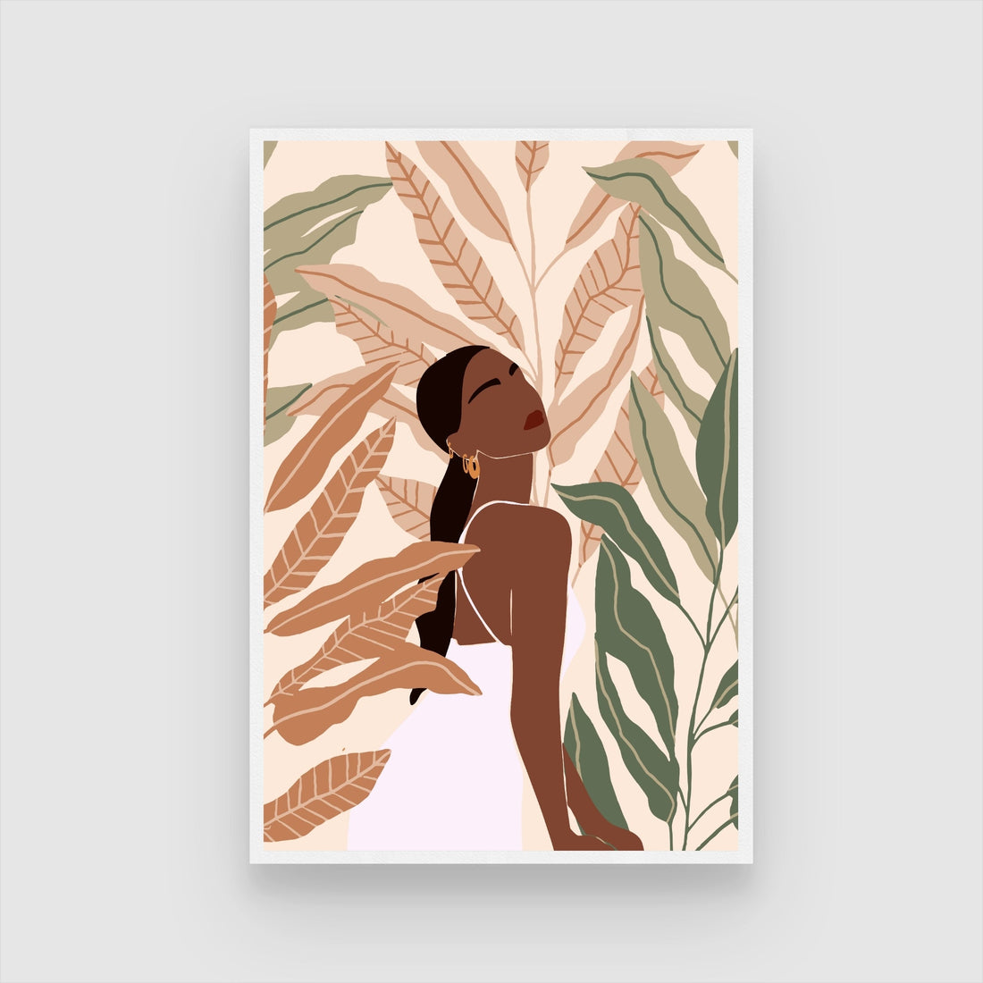 Tropical Grace – Modern Woman with Leaves Wall Art Print 2 : 3 Vertical Premium Wall Art Canvas by MeriDeewar