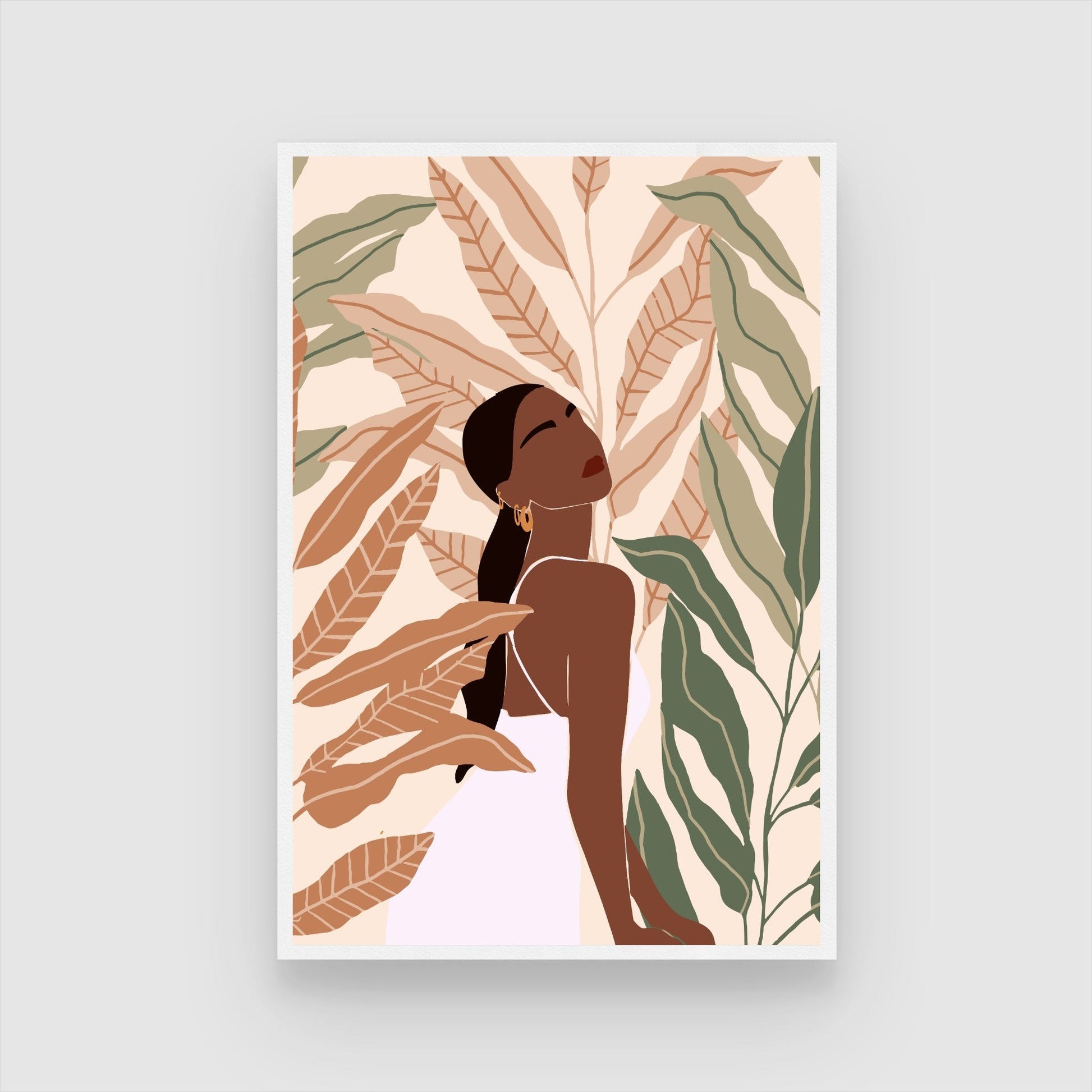 Tropical Grace – Modern Woman with Leaves Wall Art Print 2 : 3 Vertical Premium Wall Art Canvas by MeriDeewar