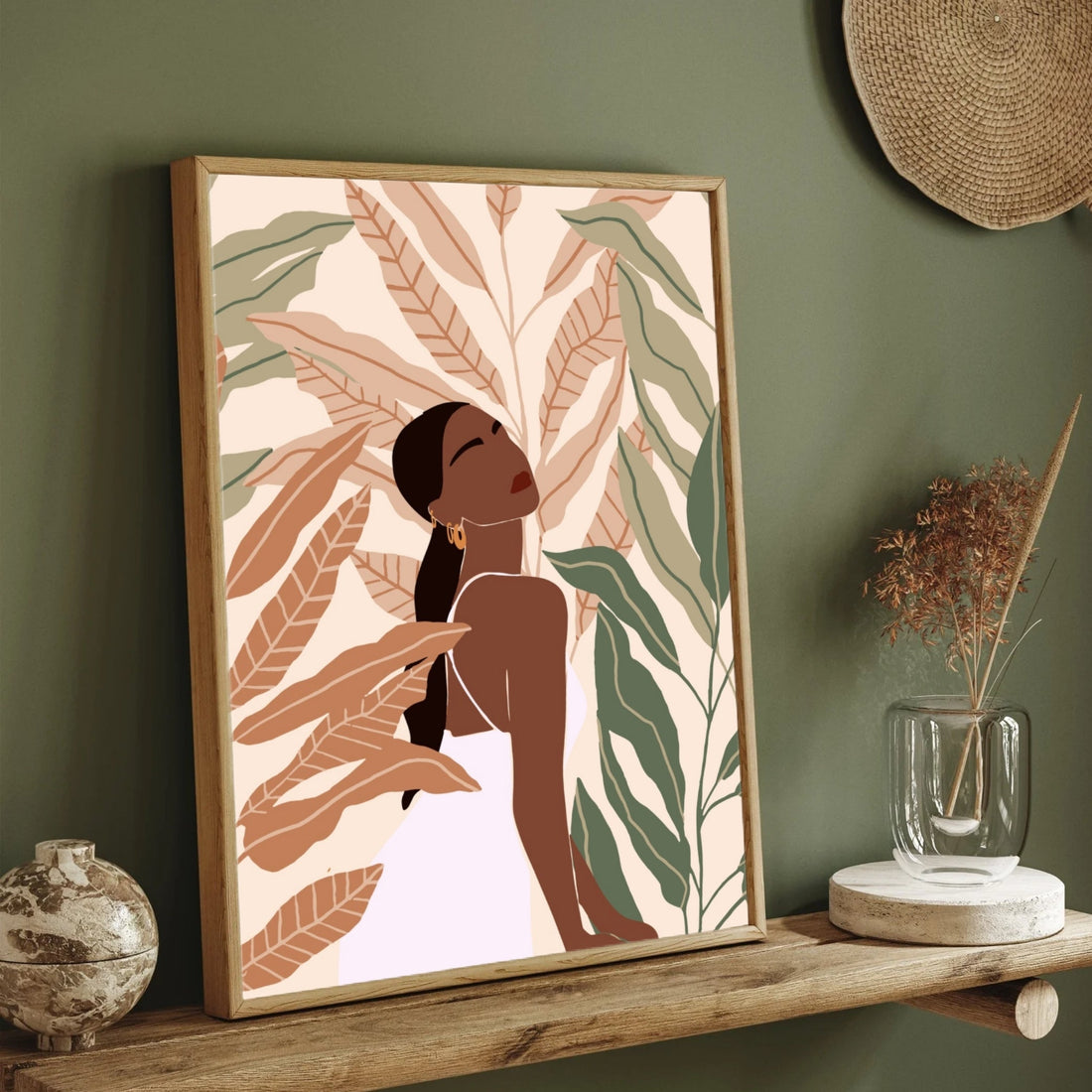 Tropical Grace – Modern Woman with Leaves Wall Art Print 2 : 3 Vertical Premium Wall Art Canvas by MeriDeewar