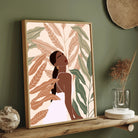 Tropical Grace – Modern Woman with Leaves Wall Art Print 2 : 3 Vertical Premium Wall Art Canvas by MeriDeewar