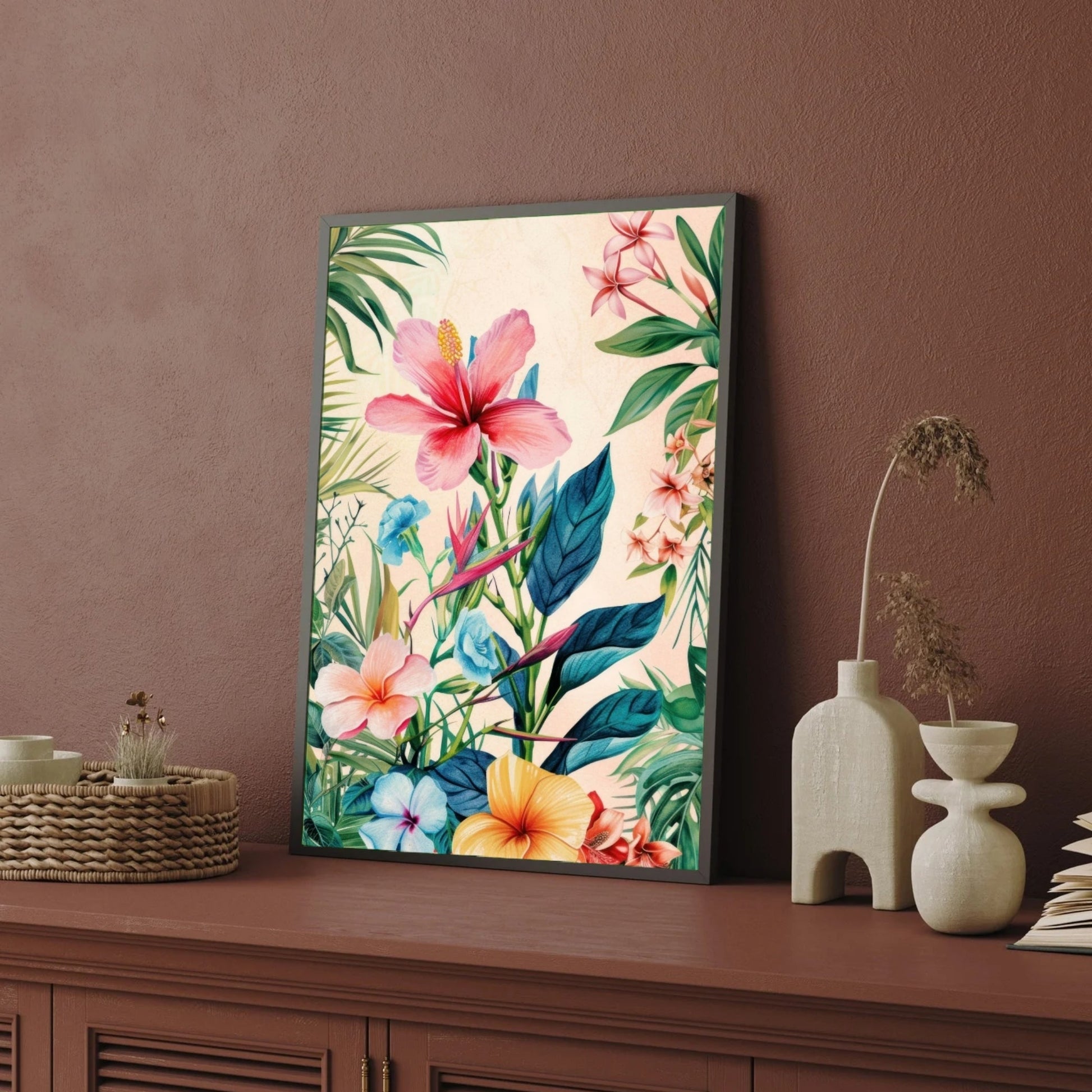 Tropical Harmony – Vibrant Hibiscus & Exotic Blooms Botanical Wall Art 2 : 3 Vertical Premium Wall Art Canvas by MeriDeewar