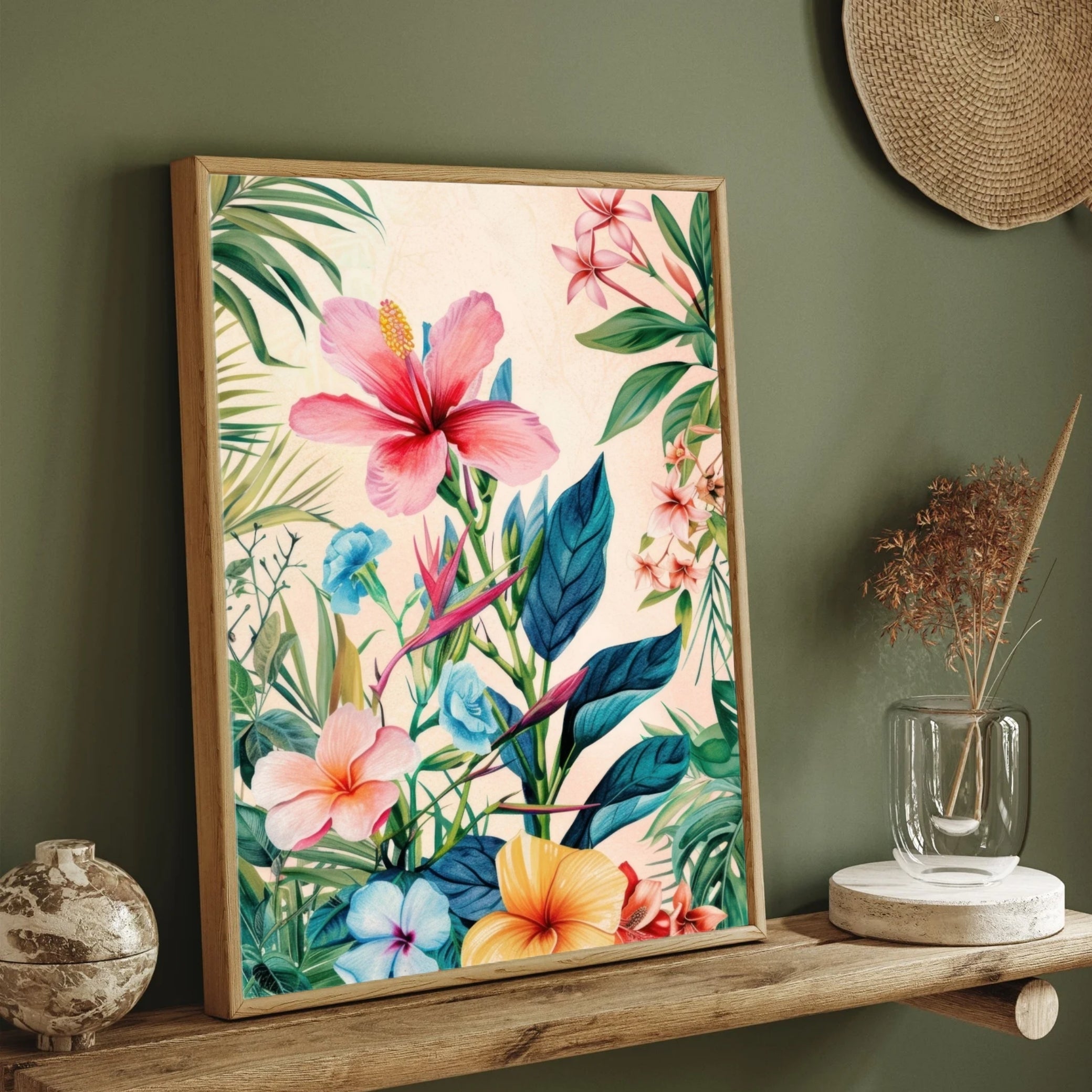 Tropical Harmony – Vibrant Hibiscus & Exotic Blooms Botanical Wall Art 2 : 3 Vertical Premium Wall Art Canvas by MeriDeewar
