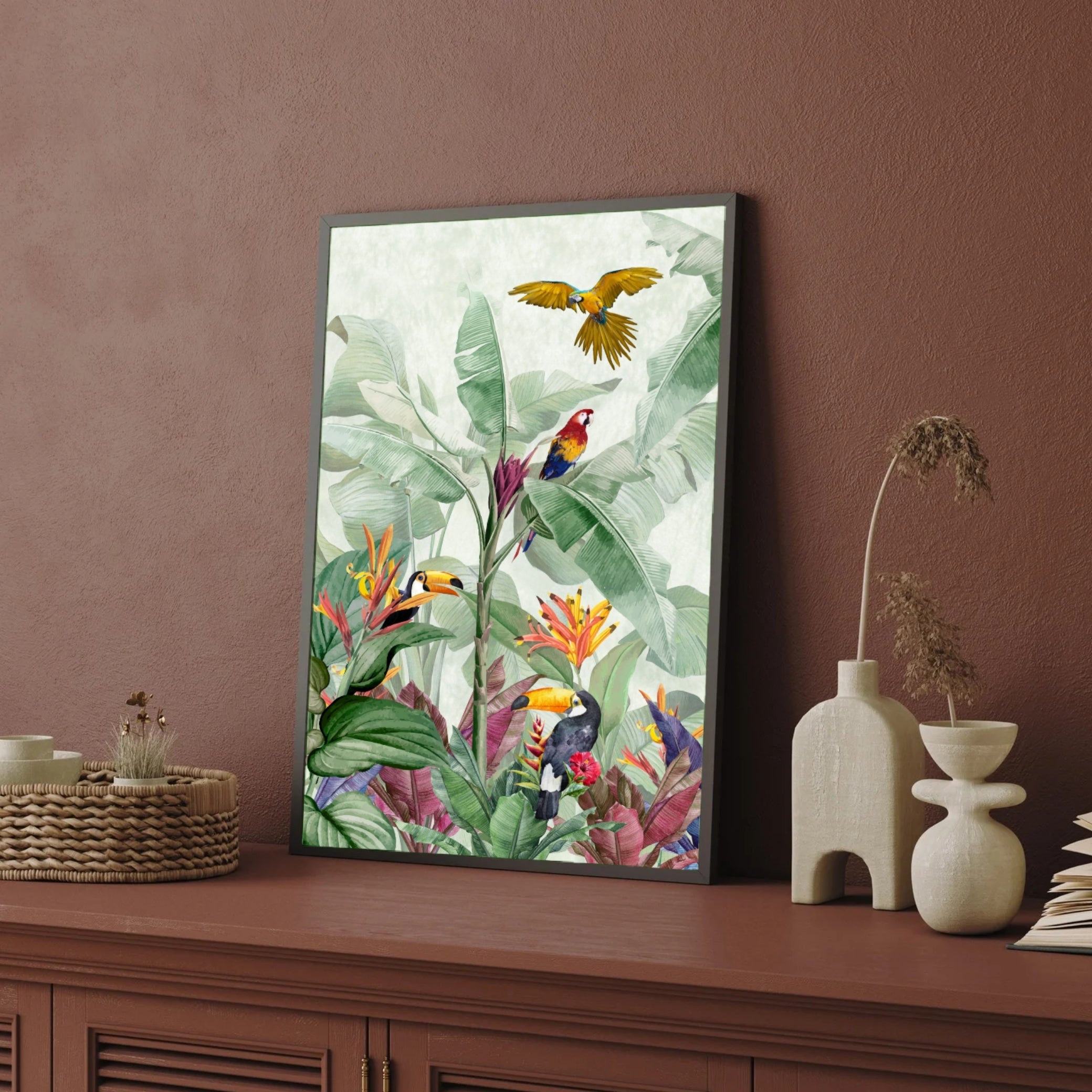 Tropical Haven – Exotic Jungle Birds & Botanical Wall Art Print 2 : 3 Vertical Premium Wall Art Canvas by MeriDeewar