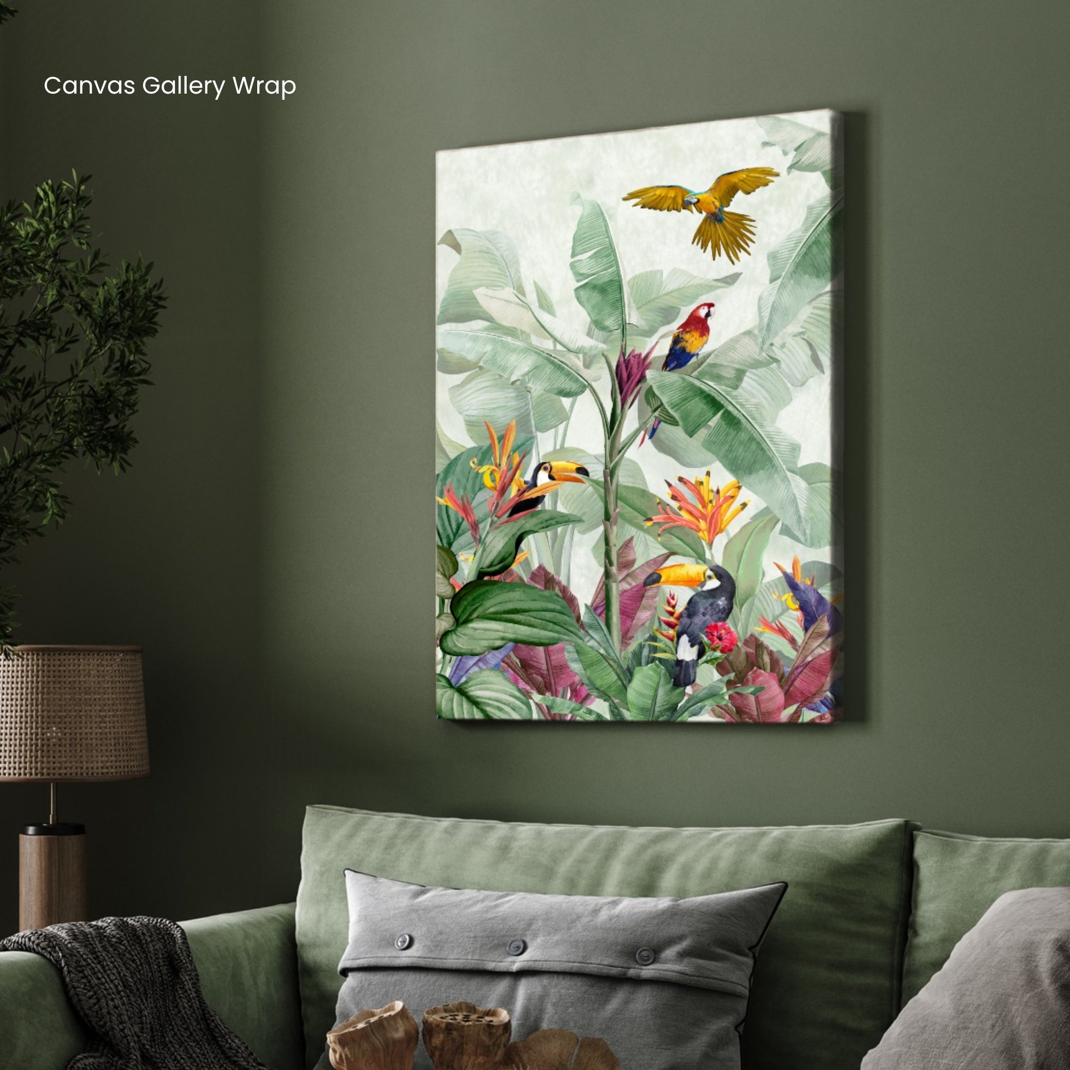 Tropical Haven – Exotic Jungle Birds & Botanical Wall Art Print 2 : 3 Vertical Premium Wall Art Canvas by MeriDeewar