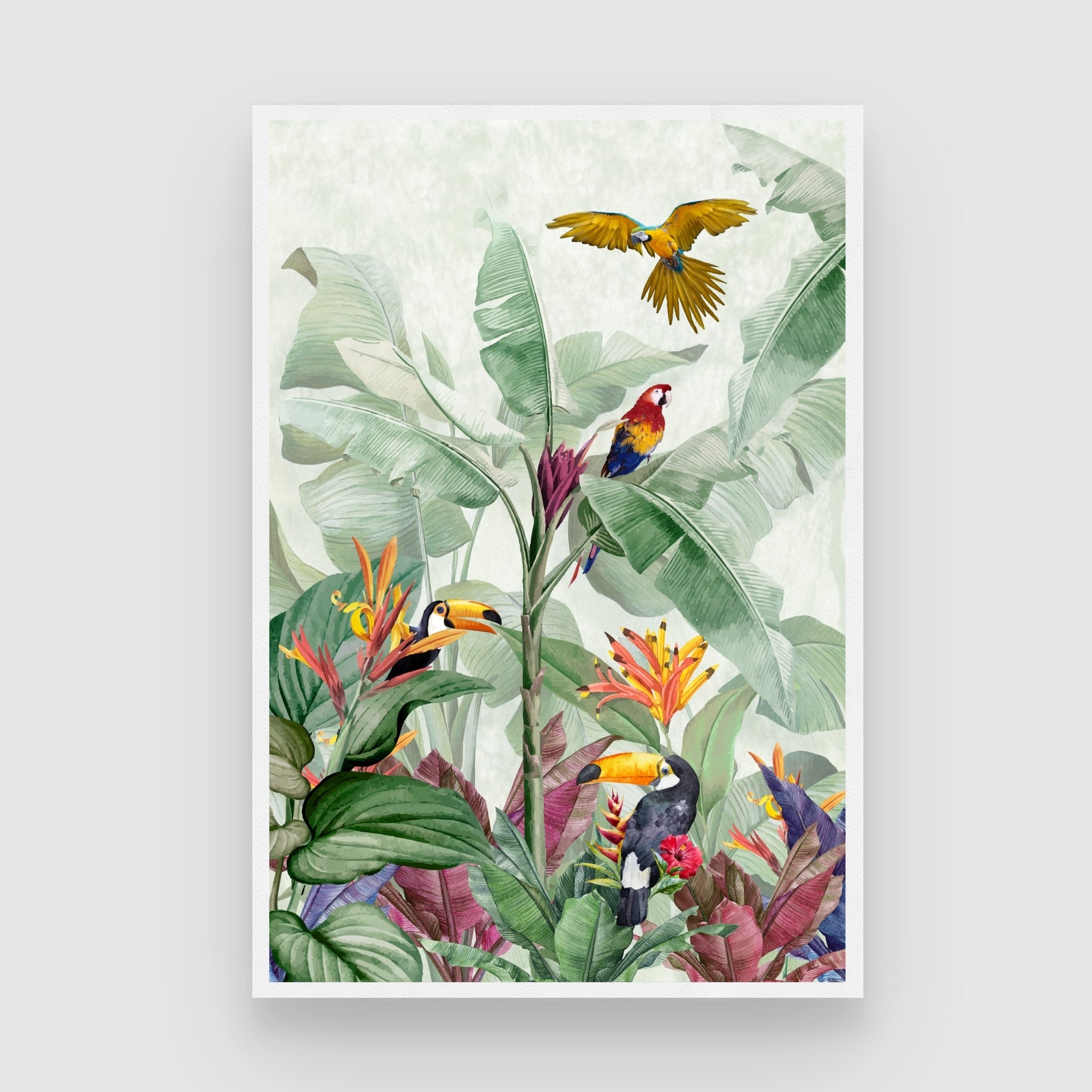 Tropical Haven – Exotic Jungle Birds & Botanical Wall Art Print 2 : 3 Vertical Premium Wall Art Canvas by MeriDeewar