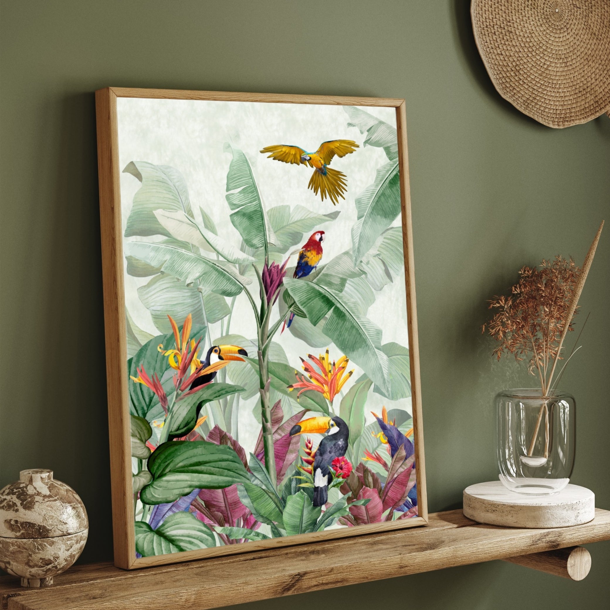 Tropical Haven – Exotic Jungle Birds & Botanical Wall Art Print 2 : 3 Vertical Premium Wall Art Canvas by MeriDeewar