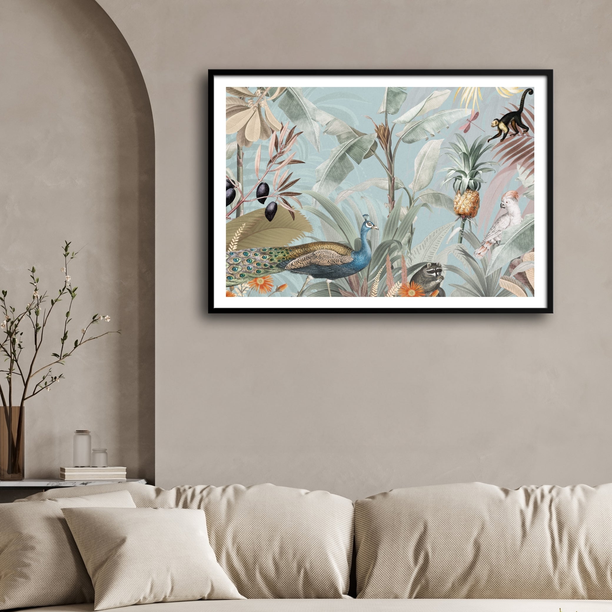 Tropical Jungle Canopy — Lush Botanical Peacock Panel 2 : 3 Horizontal Premium Wall Art Canvas by MeriDeewar