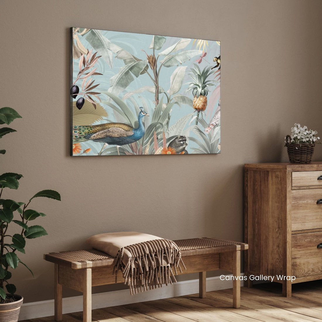 Tropical Jungle Canopy — Lush Botanical Peacock Panel 2 : 3 Horizontal Premium Wall Art Canvas by MeriDeewar