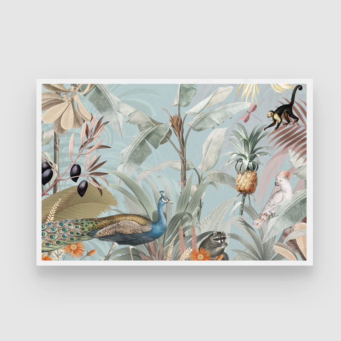 Tropical Jungle Canopy — Lush Botanical Peacock Panel 2 : 3 Horizontal Premium Wall Art Canvas by MeriDeewar