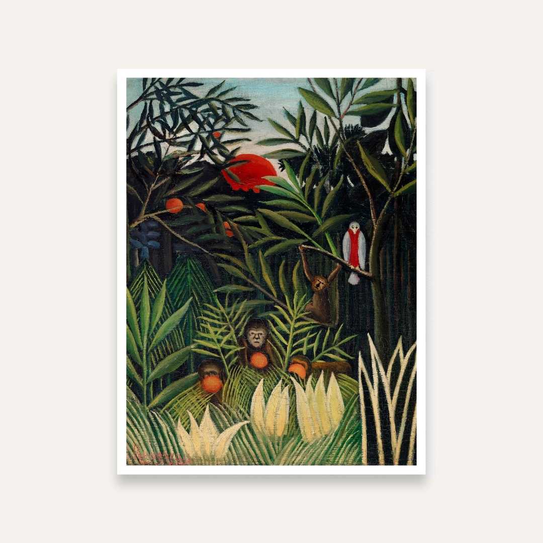 Tropical Jungle Painting with Monkeys & Parrot | Nature Wall Art for Living Room 3 : 4 Vertical Premium Wall Art Canvas by MeriDeewar