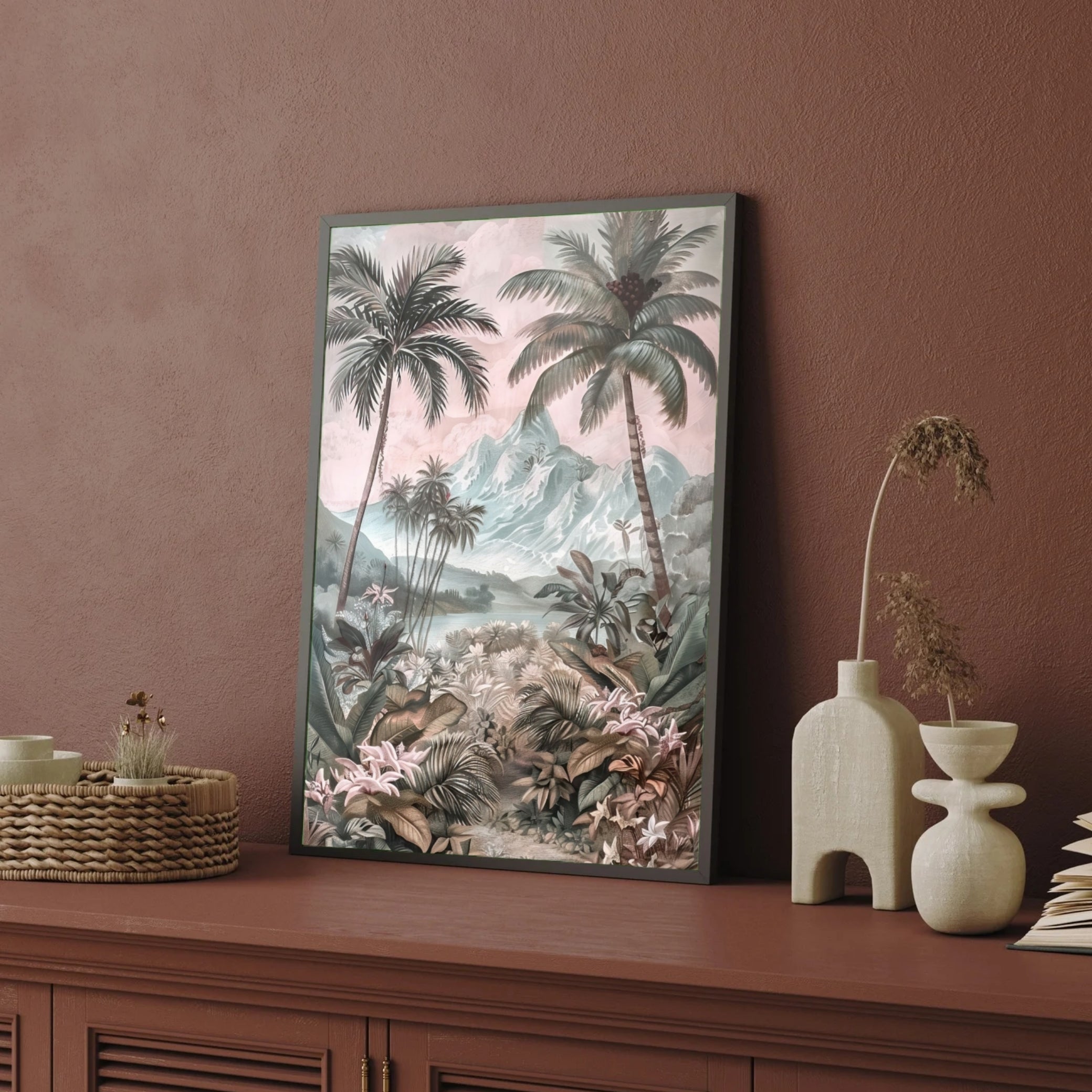 Tropical Paradise – Palm Trees & Mountain Landscape Wall Art 2 : 3 Vertical Premium Wall Art Canvas by MeriDeewar