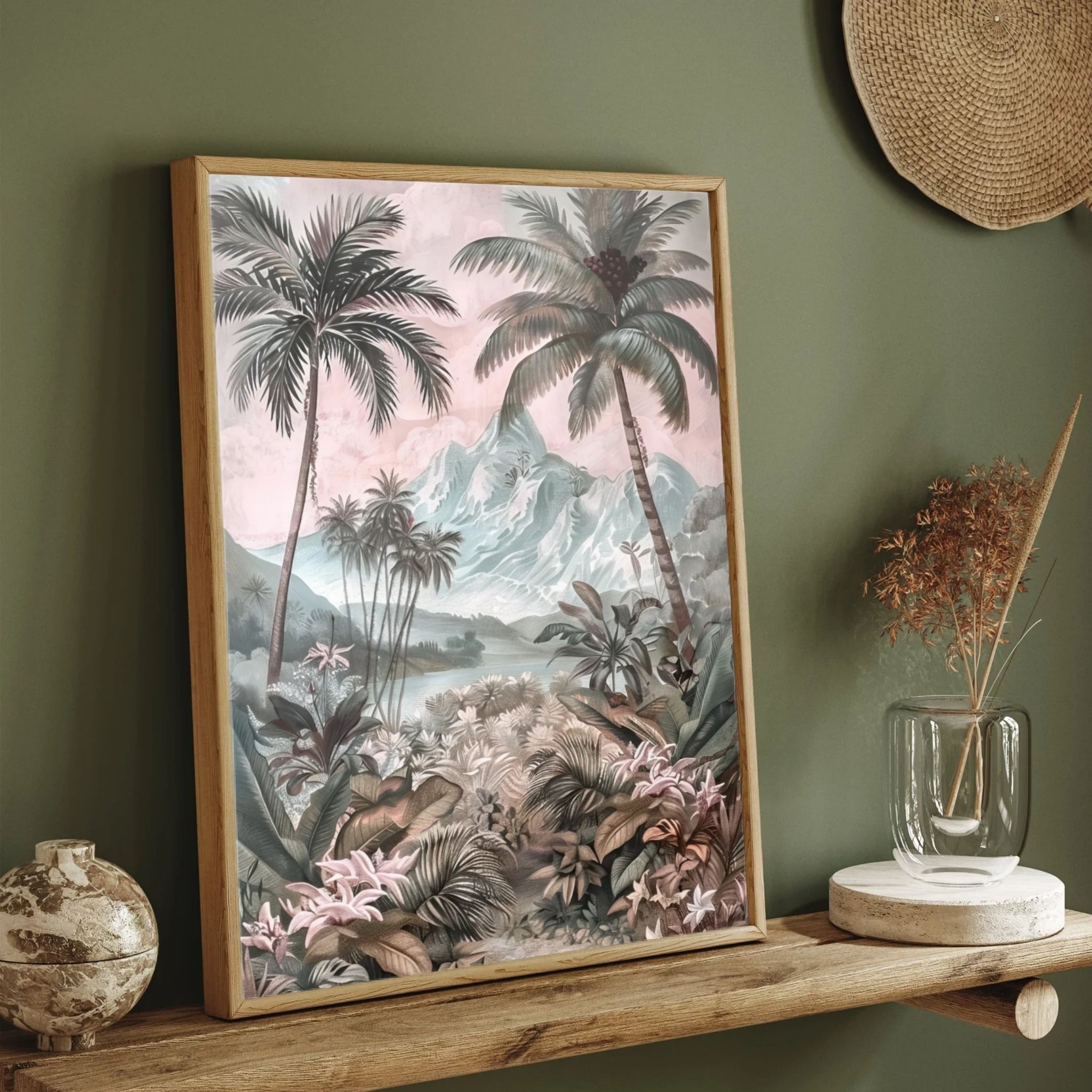 Tropical Paradise – Palm Trees & Mountain Landscape Wall Art 2 : 3 Vertical Premium Wall Art Canvas by MeriDeewar