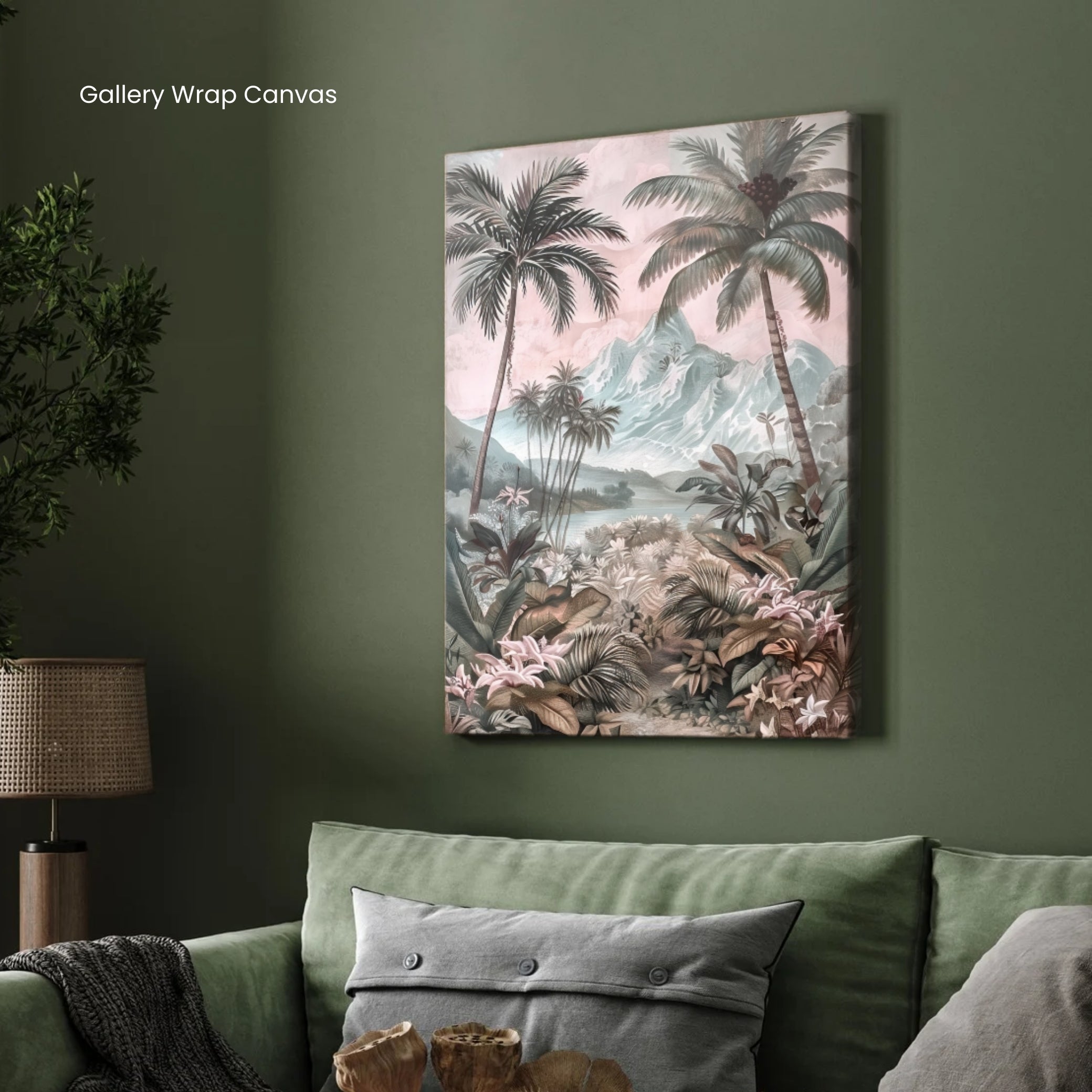 Tropical Paradise – Palm Trees & Mountain Landscape Wall Art 2 : 3 Vertical Premium Wall Art Canvas by MeriDeewar