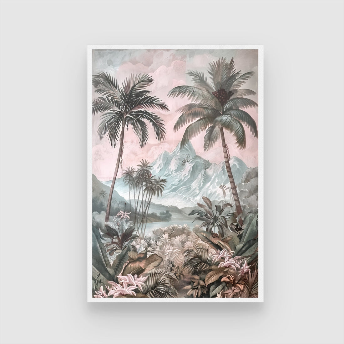 Tropical Paradise – Palm Trees & Mountain Landscape Wall Art 2 : 3 Vertical Premium Wall Art Canvas by MeriDeewar