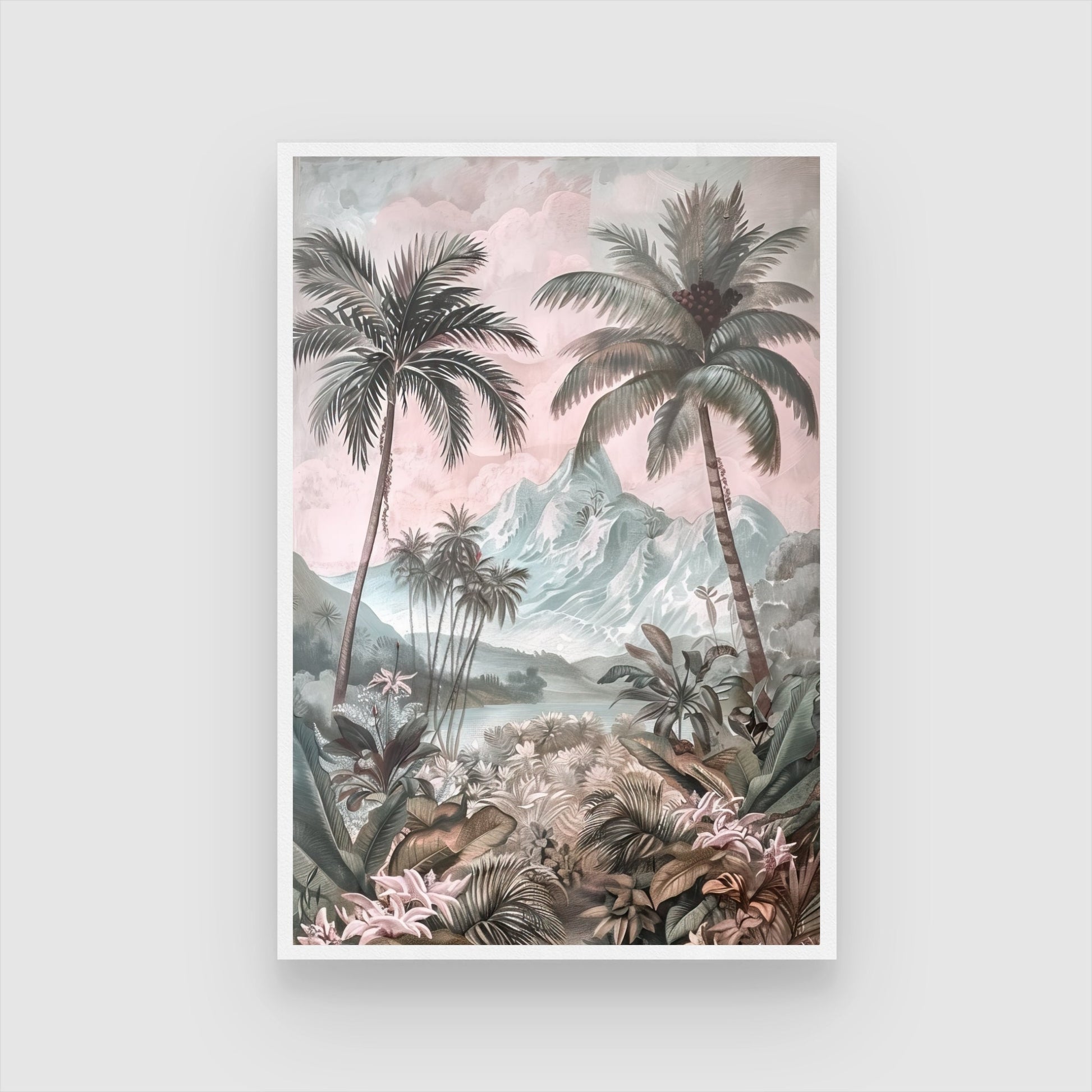 Tropical Paradise – Palm Trees & Mountain Landscape Wall Art 2 : 3 Vertical Premium Wall Art Canvas by MeriDeewar