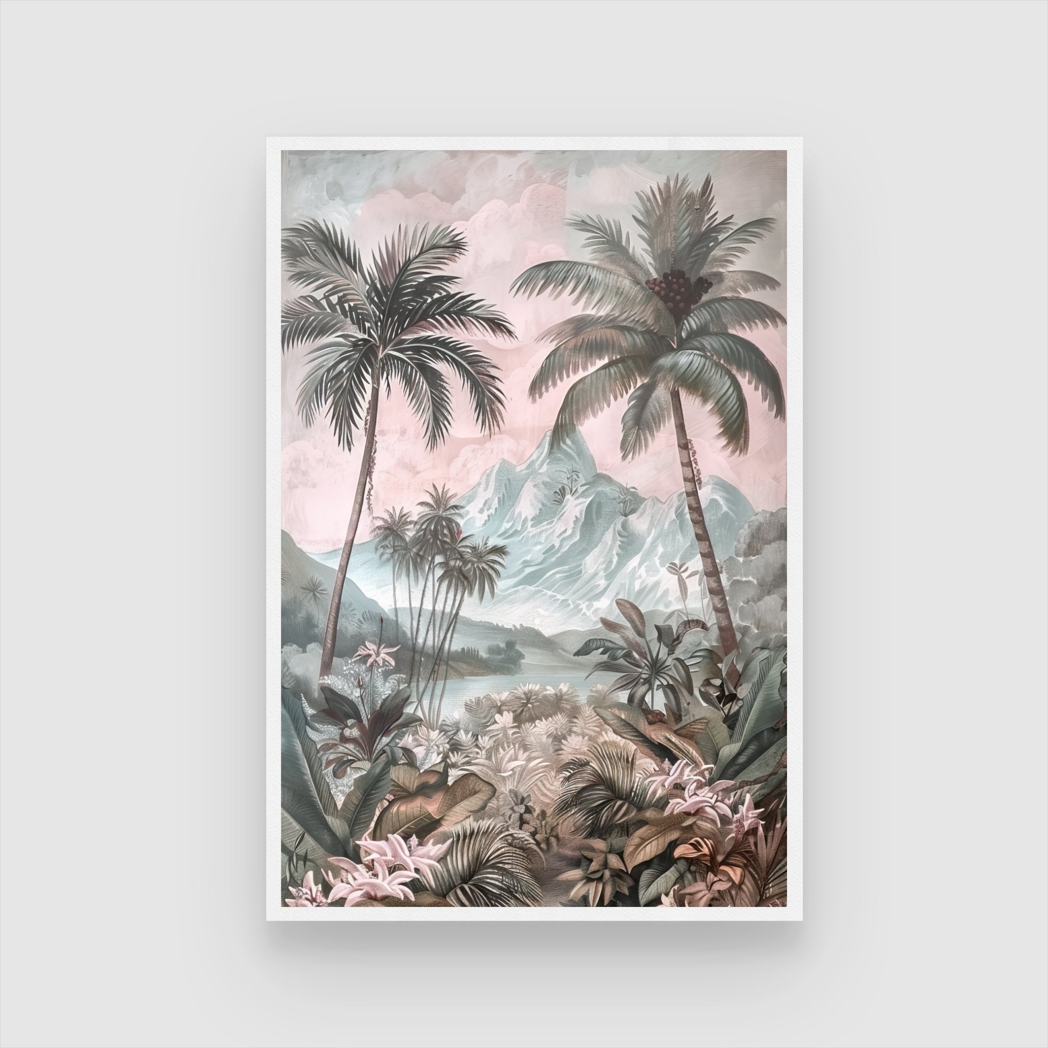 Tropical Paradise – Palm Trees & Mountain Landscape Wall Art 2 : 3 Vertical Premium Wall Art Canvas by MeriDeewar