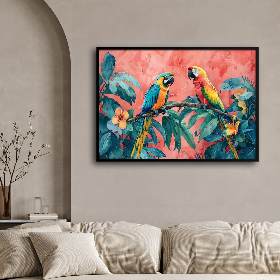 Tropical Parrot Pair – Exotic Jungle Wall Art Canvas 2 : 3 Horizontal Premium Wall Art Canvas by MeriDeewar