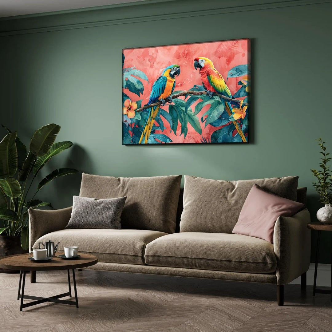 Tropical Parrot Pair – Exotic Jungle Wall Art Canvas 2 : 3 Horizontal Premium Wall Art Canvas by MeriDeewar