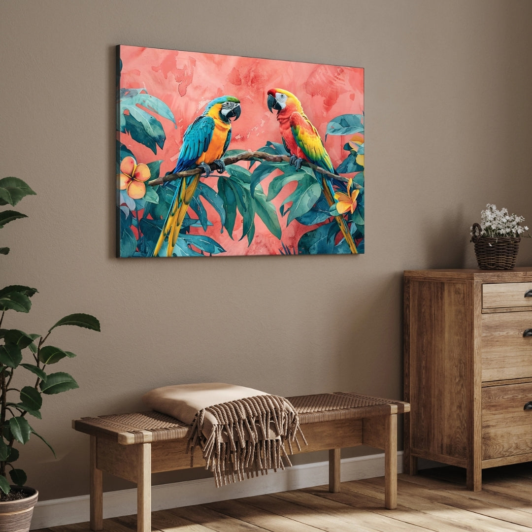 Tropical Parrot Pair – Exotic Jungle Wall Art Canvas 2 : 3 Horizontal Premium Wall Art Canvas by MeriDeewar