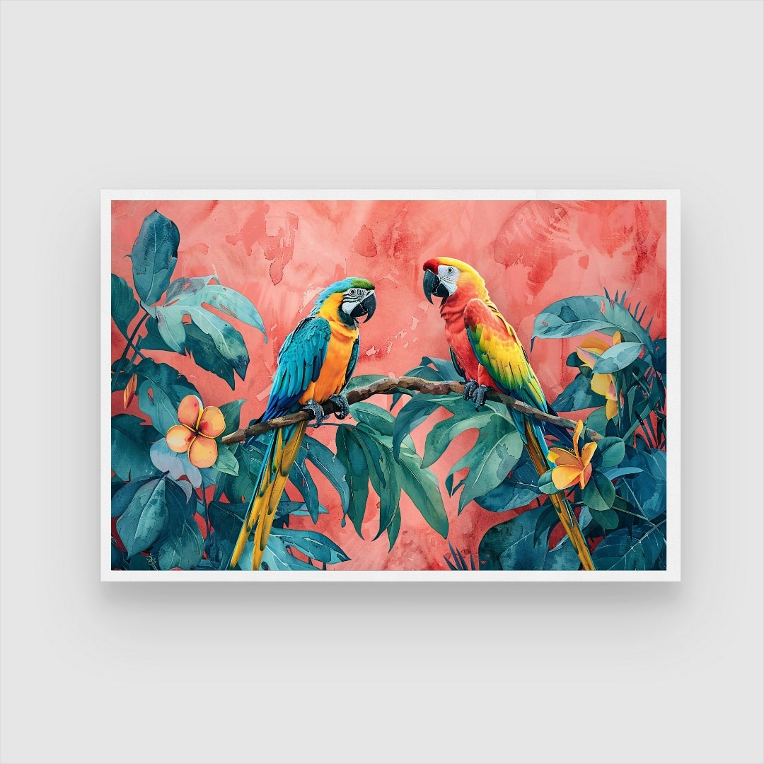 Tropical Parrot Pair – Exotic Jungle Wall Art Canvas 2 : 3 Horizontal Premium Wall Art Canvas by MeriDeewar