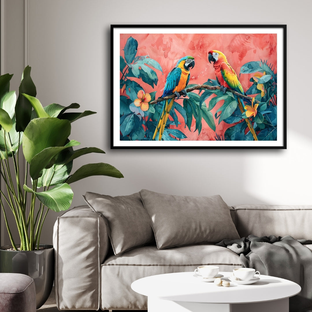Tropical Parrot Pair – Exotic Jungle Wall Art Canvas 2 : 3 Horizontal Premium Wall Art Canvas by MeriDeewar