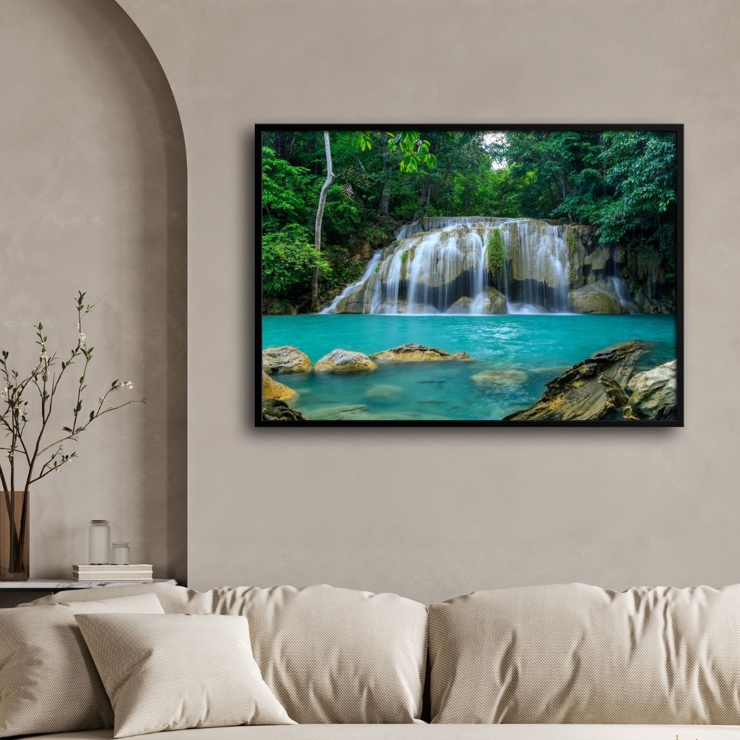 Tropical Serenity – Jungle Waterfall Canvas Wall Art 2 : 3 Horizontal Premium Wall Art Canvas by MeriDeewar