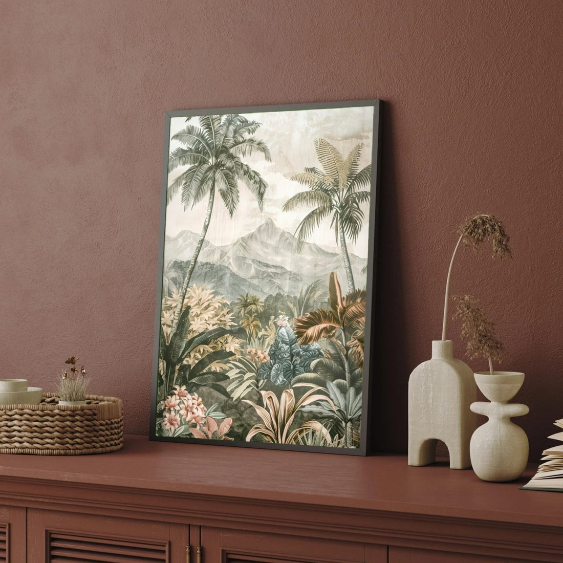 Tropical Serenity – Misty Mountain Jungle Wall Art 2 : 3 Vertical Premium Wall Art Canvas by MeriDeewar