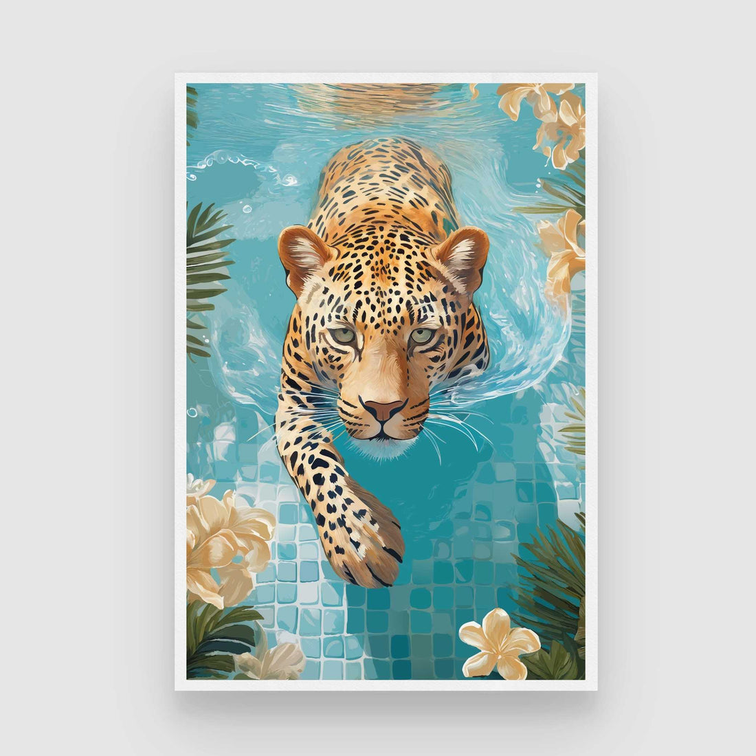 Tropical Swimming Leopard Pop Art | Modern Botanical Framed Print 2 : 3 Vertical Premium Wall Art Canvas by MeriDeewar