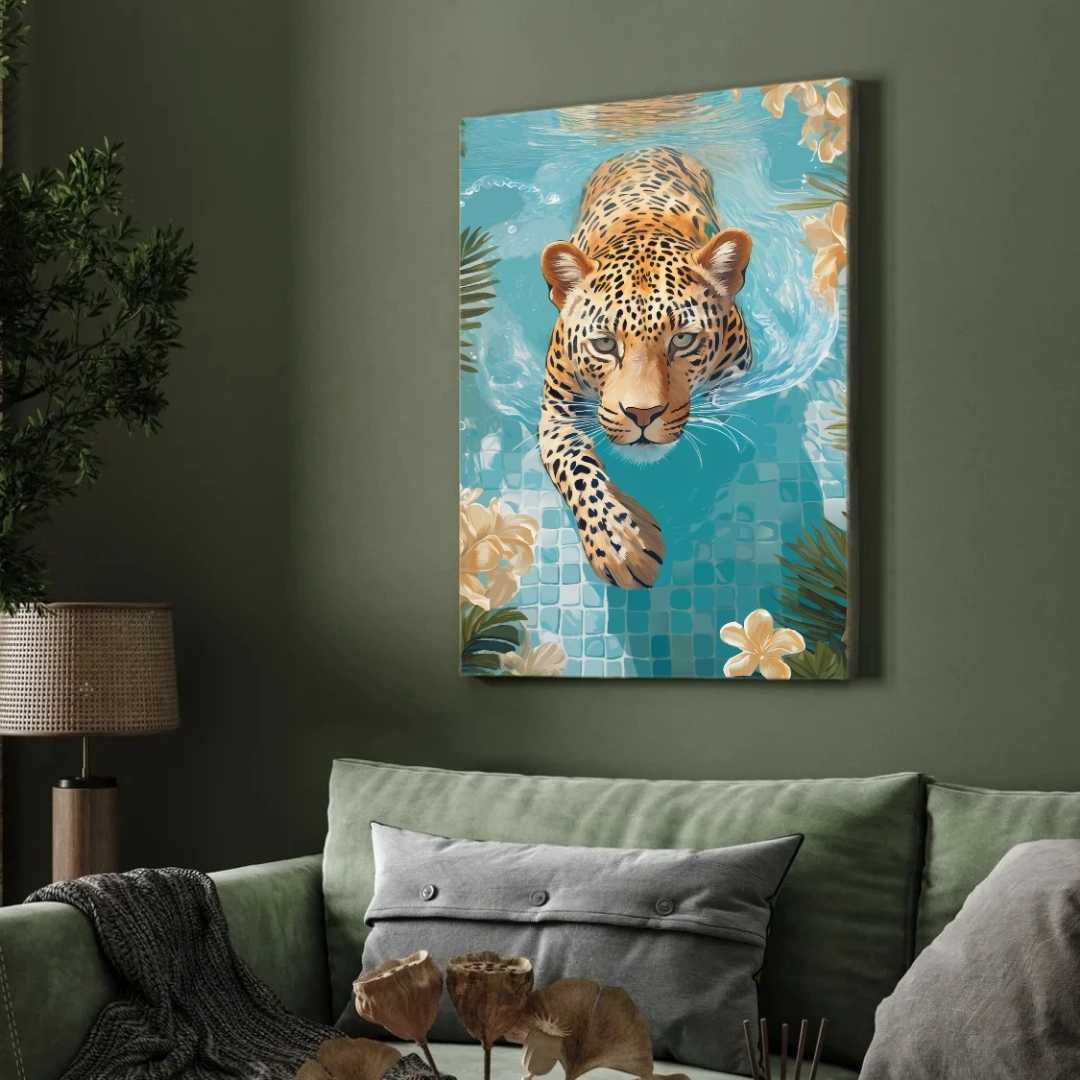 Tropical Swimming Leopard Pop Art | Modern Botanical Framed Print 2 : 3 Vertical Premium Wall Art Canvas by MeriDeewar