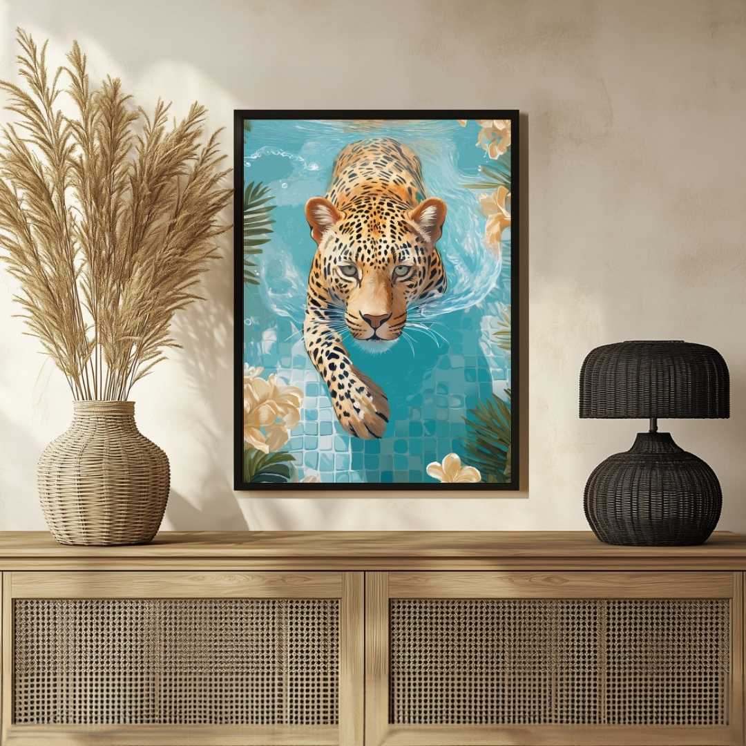 Tropical Swimming Leopard Pop Art | Modern Botanical Framed Print 2 : 3 Vertical Premium Wall Art Canvas by MeriDeewar
