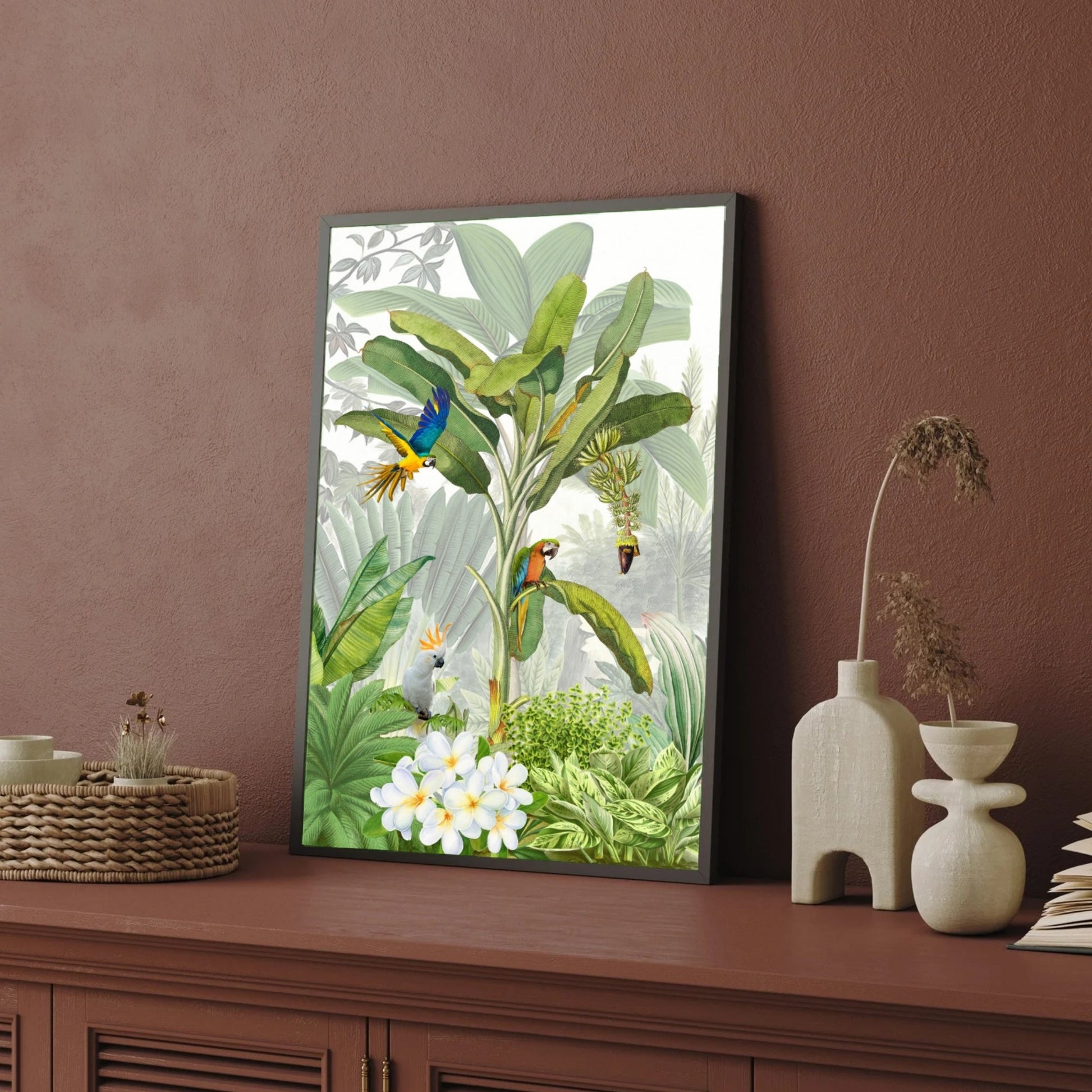 Tropical Symphony – Botanical Birds & Jungle Wall Art Print 2 : 3 Vertical Premium Wall Art Canvas by MeriDeewar