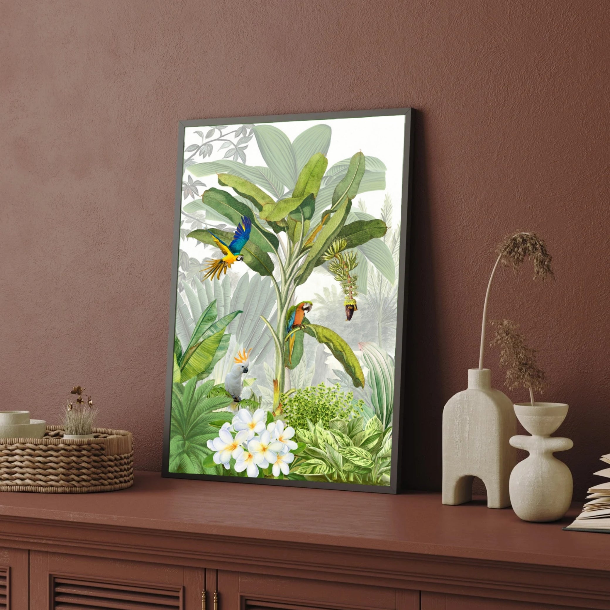 Tropical Symphony – Botanical Birds & Jungle Wall Art Print 2 : 3 Vertical Premium Wall Art Canvas by MeriDeewar
