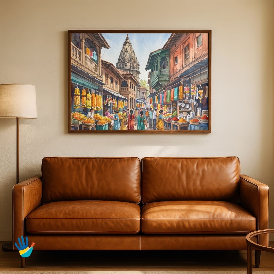 Tulshibaug Market | Old Pune Heritage Bazaar Ram Temple Spire Framed Art 4 : 3 Horizontal Premium Wall Art Canvas by MeriDeewar