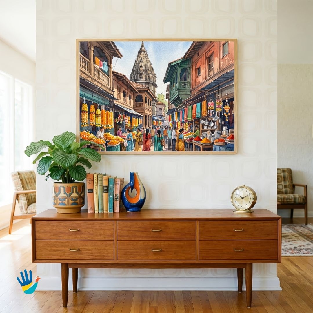 Tulshibaug Market | Old Pune Heritage Bazaar Ram Temple Spire Framed Art 4 : 3 Horizontal Premium Wall Art Canvas by MeriDeewar