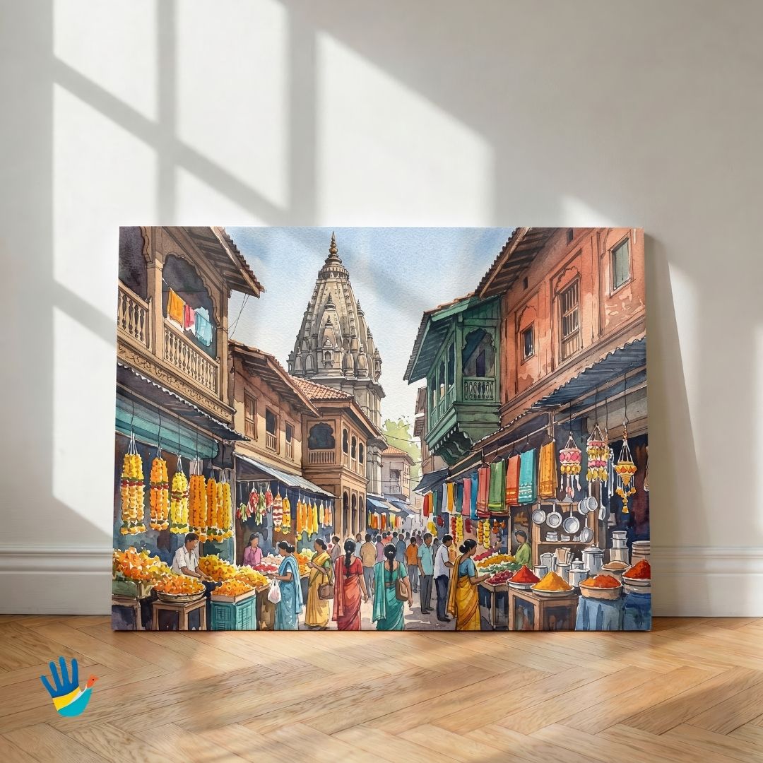Tulshibaug Market | Old Pune Heritage Bazaar Ram Temple Spire Framed Art 4 : 3 Horizontal Premium Wall Art Canvas by MeriDeewar