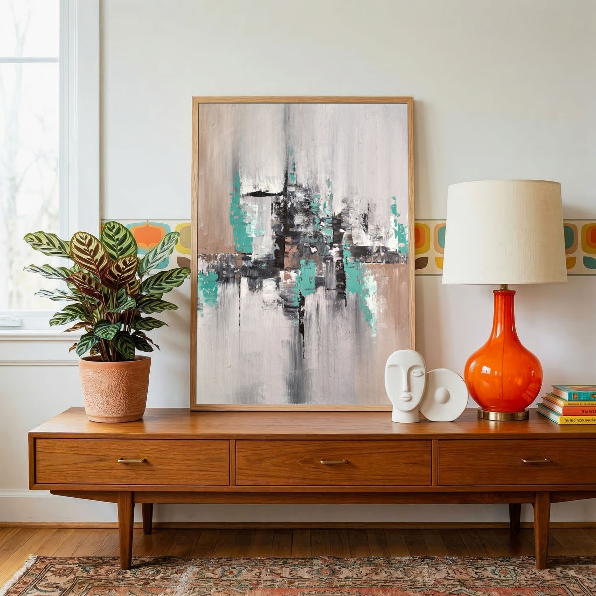 Turquoise Strata | Contemporary Teal & Neutral Textured Abstract Fine Wall Art 3 : 4 Vertical Premium Wall Art Canvas by MeriDeewar