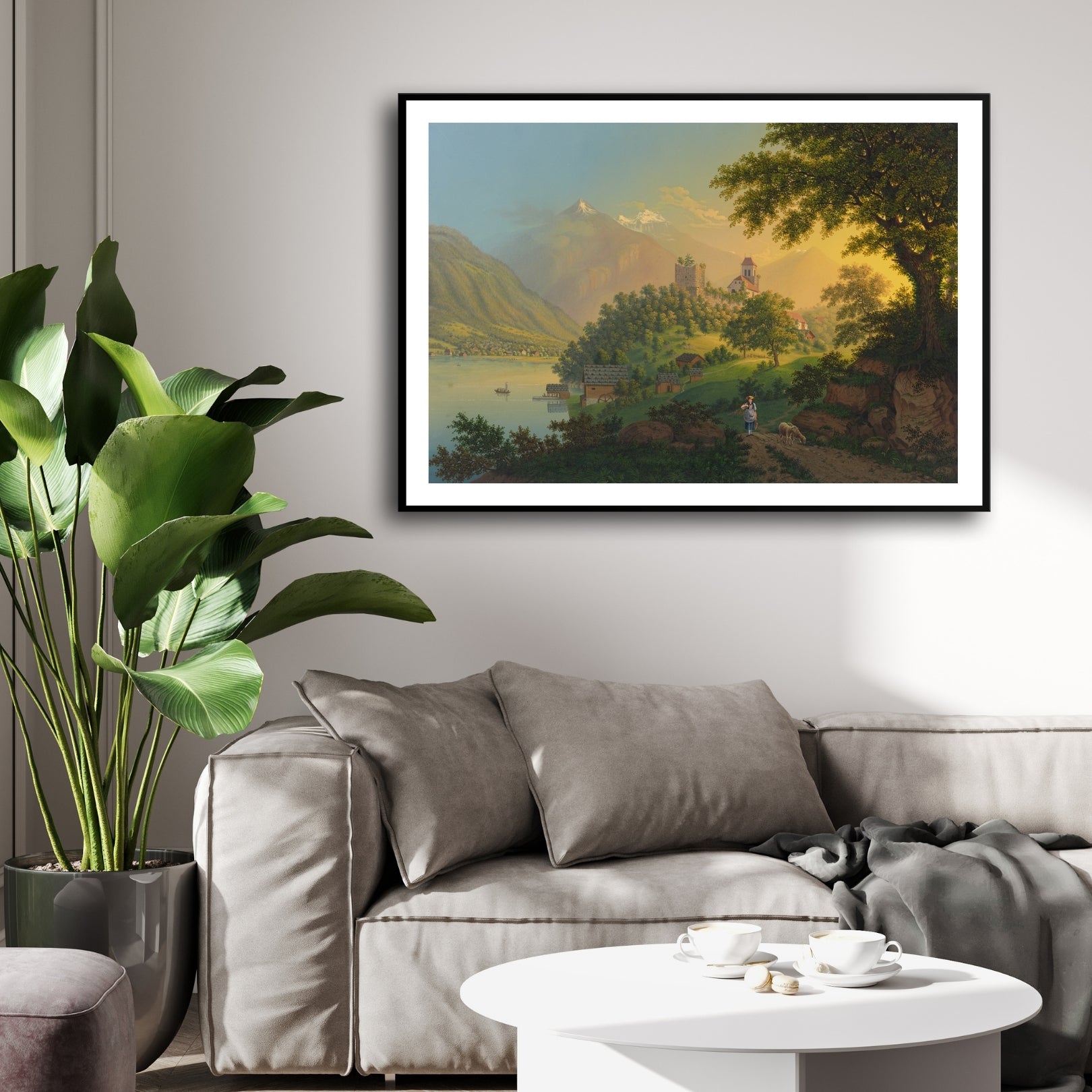 Twilight at the Lake – Alpine Castle & Village Wall Art 2 : 3 Horizontal Premium Wall Art Canvas by MeriDeewar