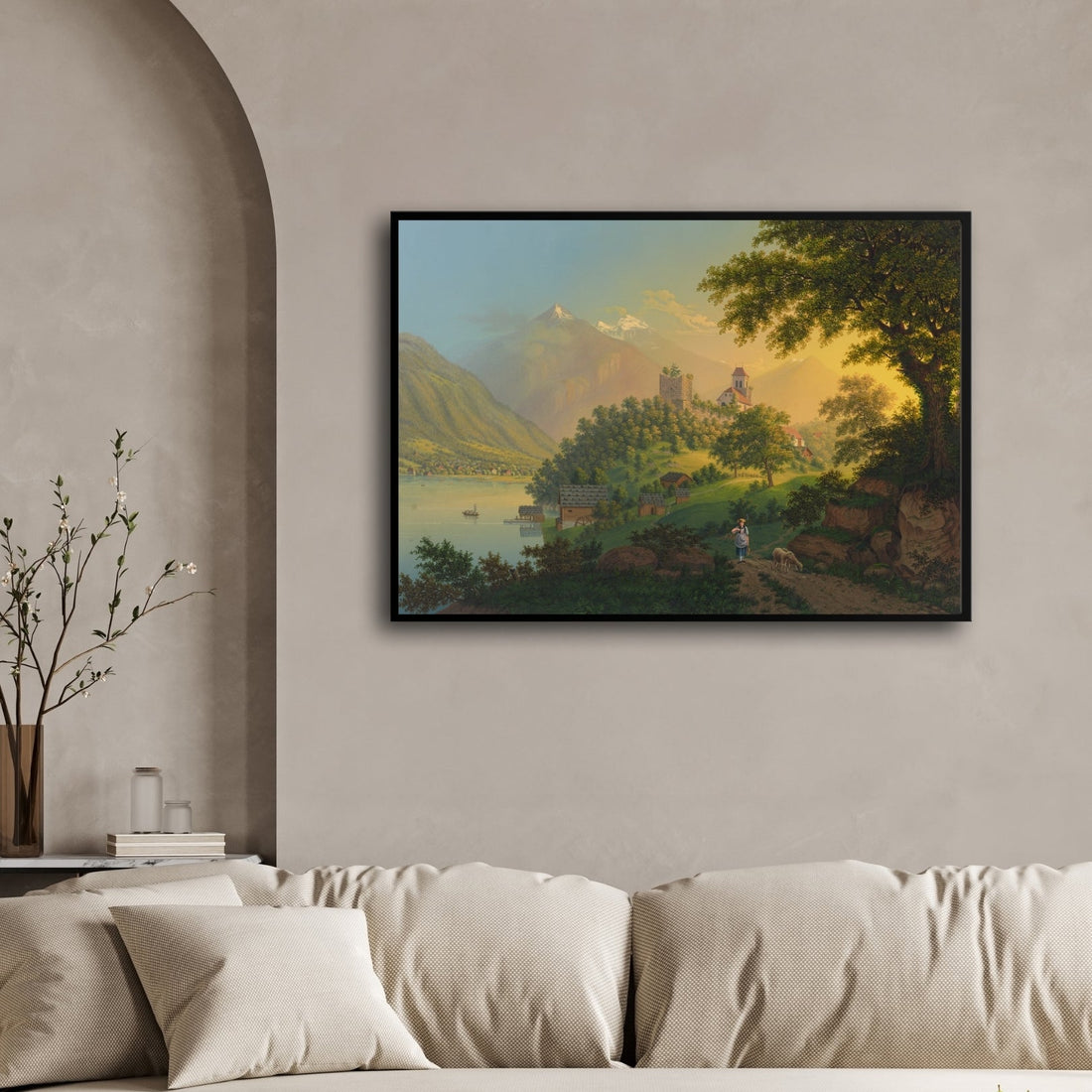 Twilight at the Lake – Alpine Castle & Village Wall Art 2 : 3 Horizontal Premium Wall Art Canvas by MeriDeewar