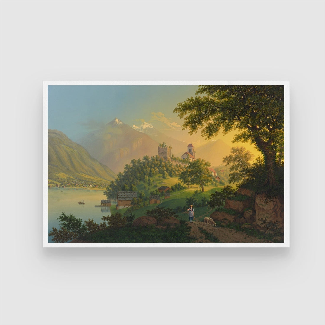Twilight at the Lake – Alpine Castle & Village Wall Art 2 : 3 Horizontal Premium Wall Art Canvas by MeriDeewar