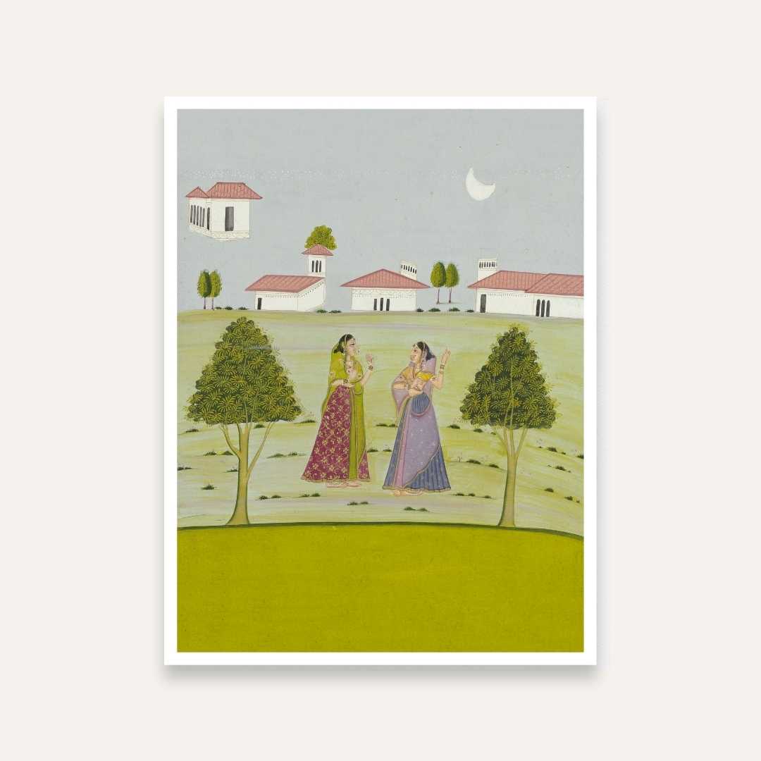 Two Ladies Talking by Moonlight – Pahari Style Indian Miniature Giclée Art Print 5 : 6 Vertical Premium Wall Art Canvas by MeriDeewar