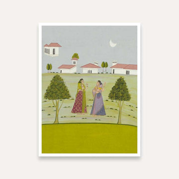 Two Ladies Talking by Moonlight – Pahari Style Indian Miniature Giclée Art Print 5 : 6 Vertical Premium Wall Art Canvas by MeriDeewar