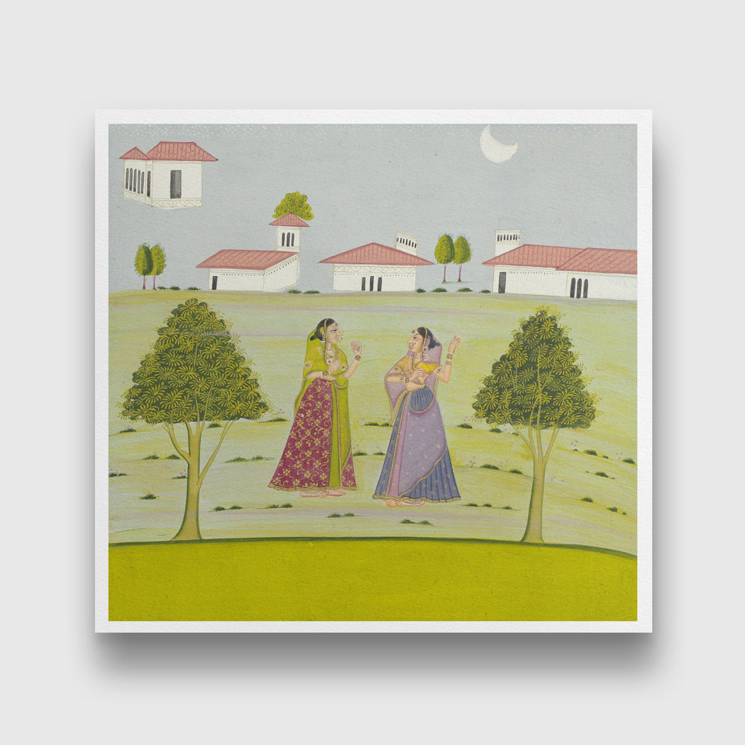 Two Ladies Talking By Moonlight Painting 5 : 6 Vertical Premium Wall Art Canvas by MeriDeewar