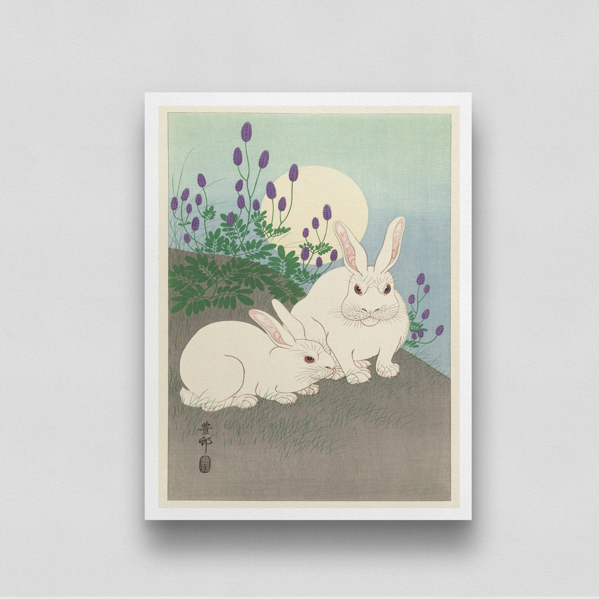 Two Rabbits by Ohara Koson 3 : 4 Vertical New Premium Wall Art Canvas by MeriDeewar