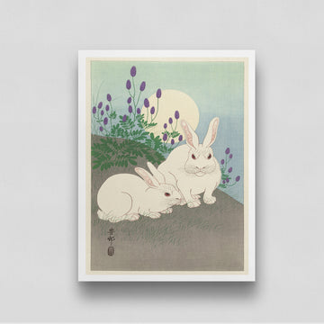 Two Rabbits by Ohara Koson 3 : 4 Vertical New Premium Wall Art Canvas by MeriDeewar