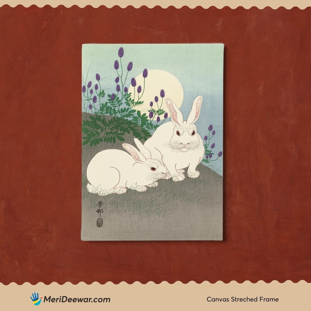 Two Rabbits by Ohara Koson 3 : 4 Vertical New Premium Wall Art Canvas by MeriDeewar