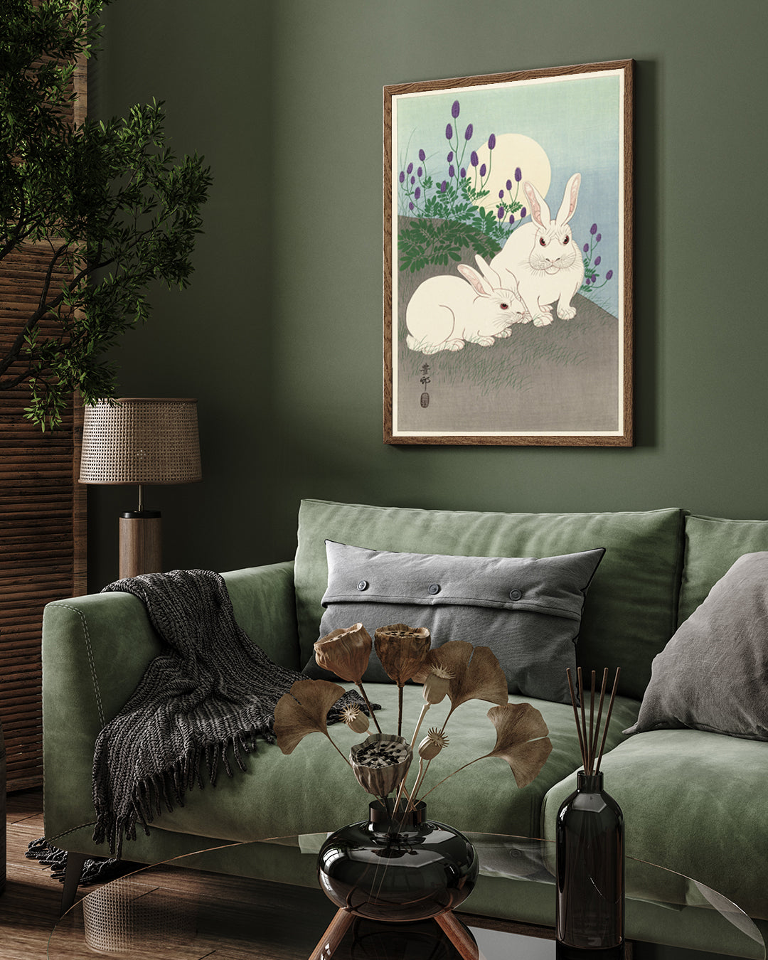 Two Rabbits by Ohara Koson 3 : 4 Vertical New Premium Wall Art Canvas by MeriDeewar