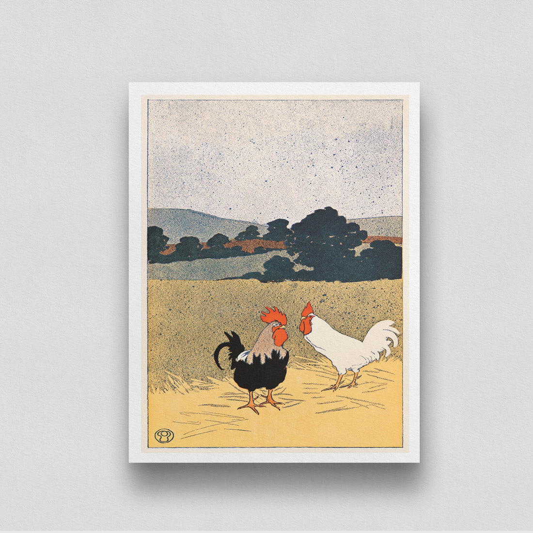 Two Roosters in A Field by Edward Penfield 3 : 4 Vertical New Premium Wall Art Canvas by MeriDeewar